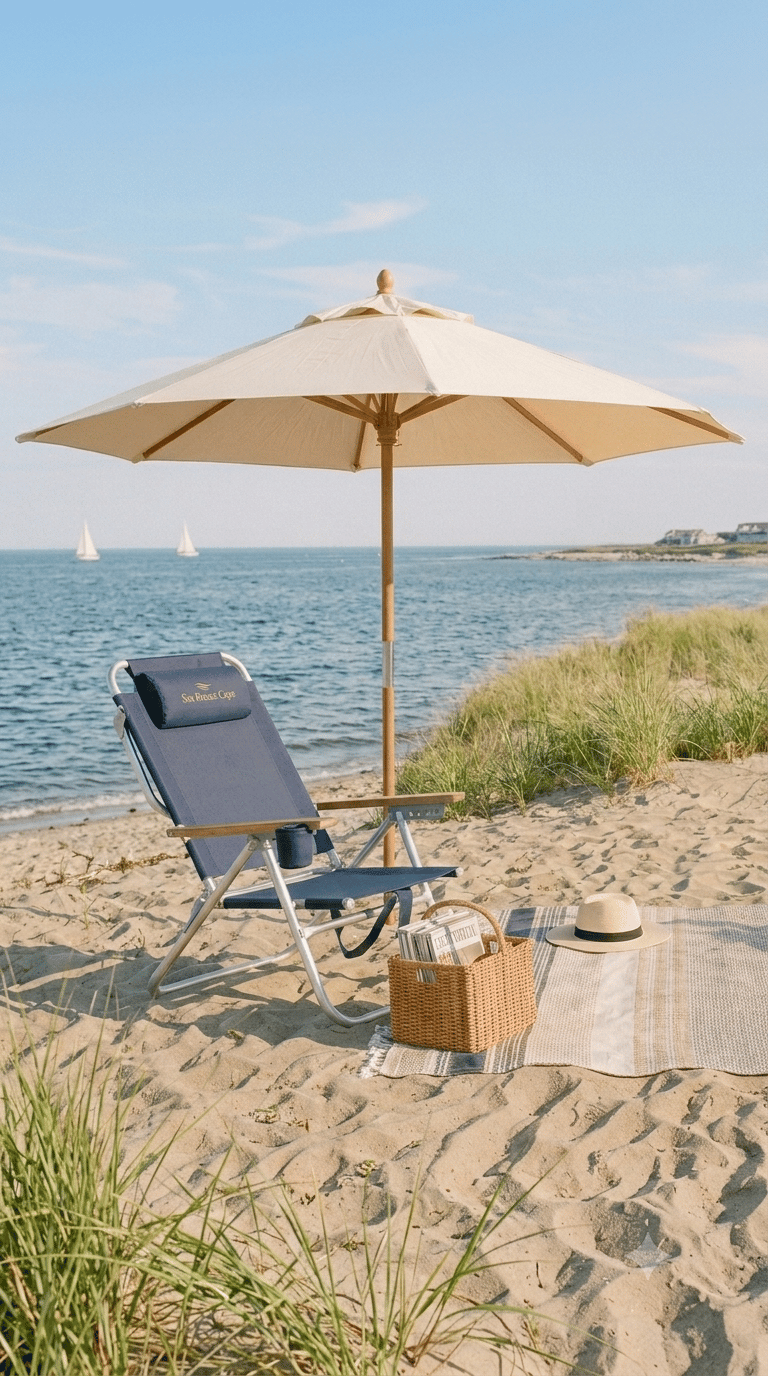 Beautiful Rhode Island beach with chairs and umbrella