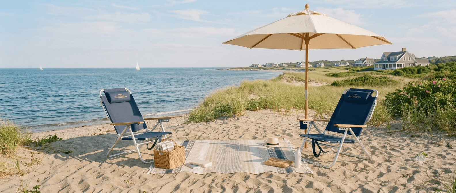 Beautiful Rhode Island beach with chairs and umbrella
